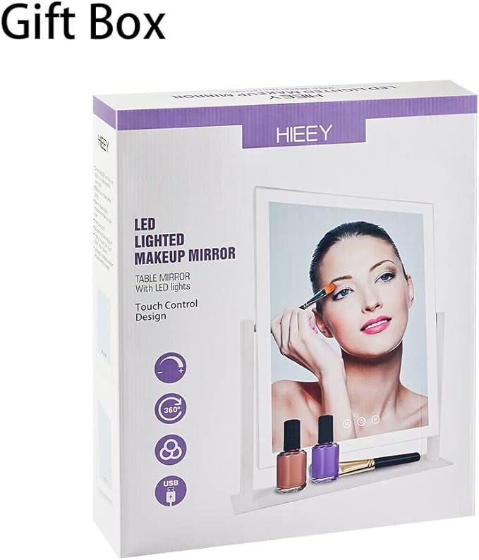 HIEEY Lighted Makeup Mirror, Hollywood Vanity Mirror with Lights, Three Color Lighting Modes, and 5X Magnification Mirror, Smart Touch Control, 360°Rotation (14.1in,White,Gift Box)