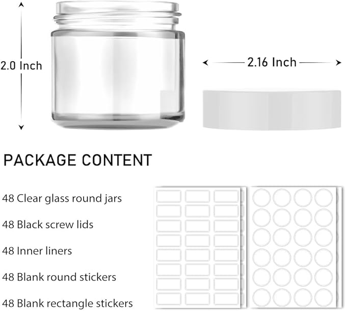 Bumobum 2 oz Glass Jars with Lids, 48 pack Clear Round Small Containers with White Lids, Blank Labels & Inner Liners, Empty Cosmetic Containers for Sample, Powder, Cream, Lotion