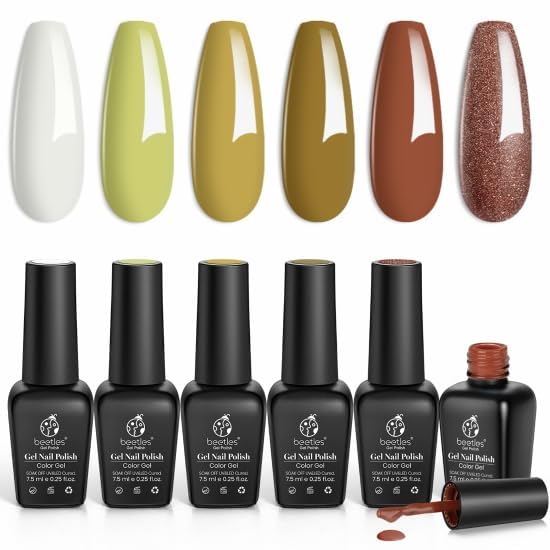 Beetles Fall Gel Nail Polish Set - 6 PCS Brown Green Glitter Holiday Gel Polish Kit Yellow Green Nail Art Soak Off UV Nail Gel Polish DIY Manicure Kits