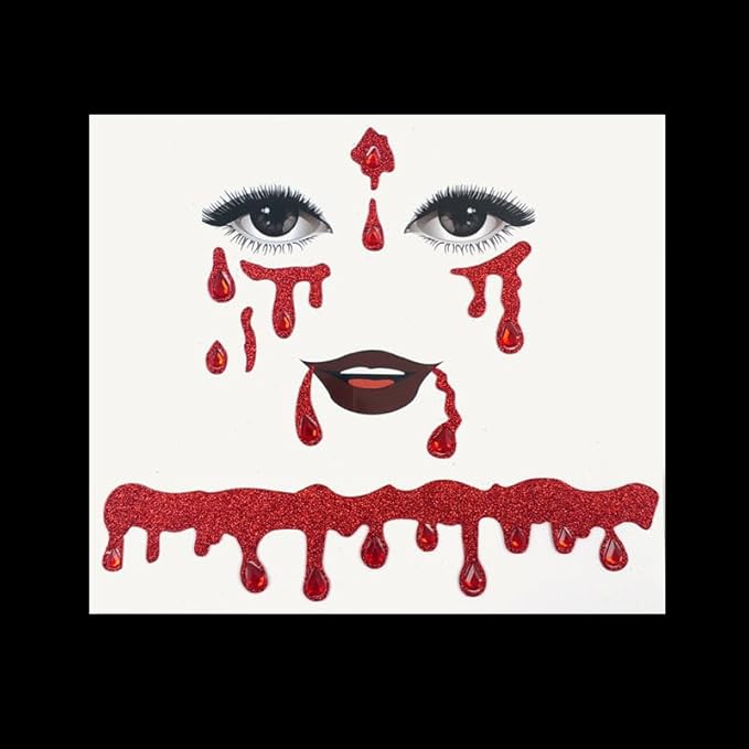 Crystal Bleeding Face Gems, Scar Jewels, Fake Red Blood Gem Tattoo Stick on Eye for Men Women Kids Halloween Prank Makeup Costume, 2-Pack