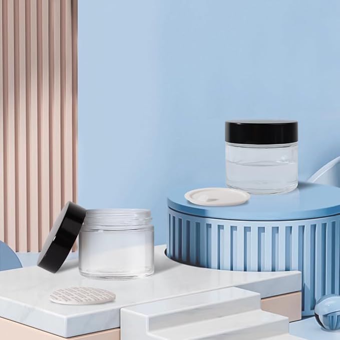 3 pack 2oz Glass Jars Round Empty Cosmetic Containers, Refillable Glass Jars with Lids for Face Creams, Lotions, Powders,Salves Ointments,Potravel Storage