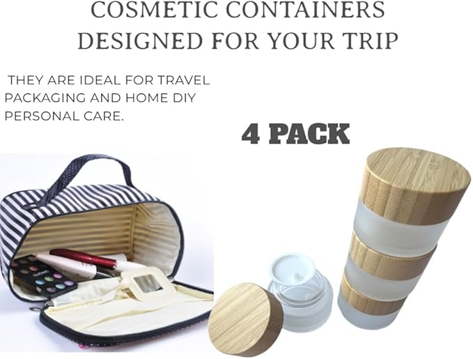 Empty Refillable Frosted Glass Cosmetic Jar 4 Pack 15g/0.5oz with Bamboo Lids,Skin Care Travel Containers Pot Vial Holder Sample Storage for Eye Cream Lotion Ointments Lip Balm Frost