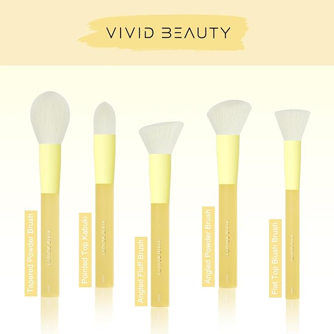 5pcs Yellow Face Makeup Brush Set – Mimic Natural Wool Synthetic Bristles, Non-Slip Rubber Handles – Cruelty-Free, Travel-Friendly Make up Brushes– Perfect for Contouring, Setting & More