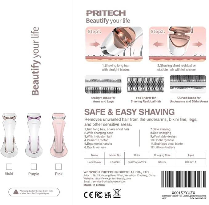 PRITECH Electric Shaver for Women - Cordless Razor for Women Portable Lady Shaver for Legs, Arm, Underarms, Bikini, USB Rechargeable, Wet & Dry Waterproof Bikini Trimmer for Woman, Purple