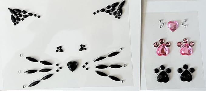 Crystal Cat Face Gems, Pink Cat Print Jewels, Black Face Jewels, Fake Cat Lash Gems Tattoo Stick on Eye for Men Women Kids Halloween Prank Makeup Costume