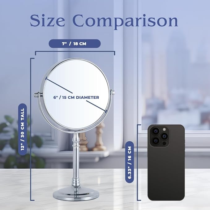 MIRRORVANA 15X Magnifying Makeup Mirror with Stand - Double-Sided 15X/1X Design - Suitable for Vanity Desk, Dressing Table, or Bathroom Countertop for Precise Make Up - 12" High x 6" Wide (Chrome)
