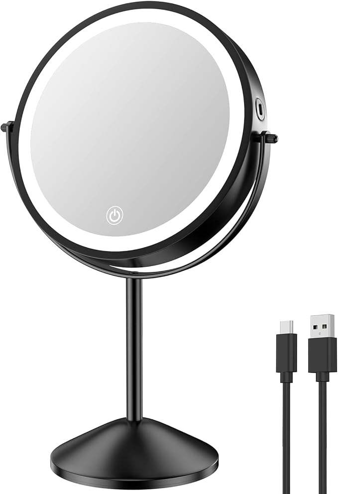 Benbilry 8 Inch Lighted Makeup Vanity Mirror with 3 Color Dimmable Lights, 1X/10X Magnifying Rechargeable Double Sided Light Up Cosmetic Mirror, 360° Swivel Cordless Standing, Black