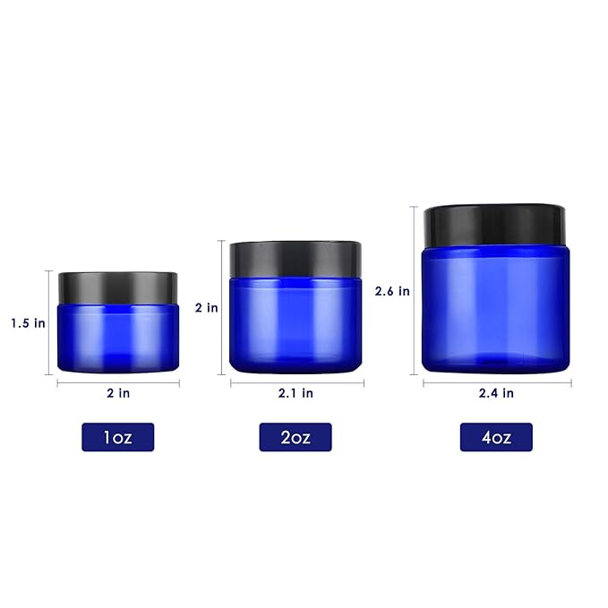 1 Oz Blue Round Glass Jars with Inner Liners and Black Lids(12PCS) Empty Cream Containers Refillable Cosmetic Vials for Cosmetics, Lotions, Ointment, Body Scrubs & Balms