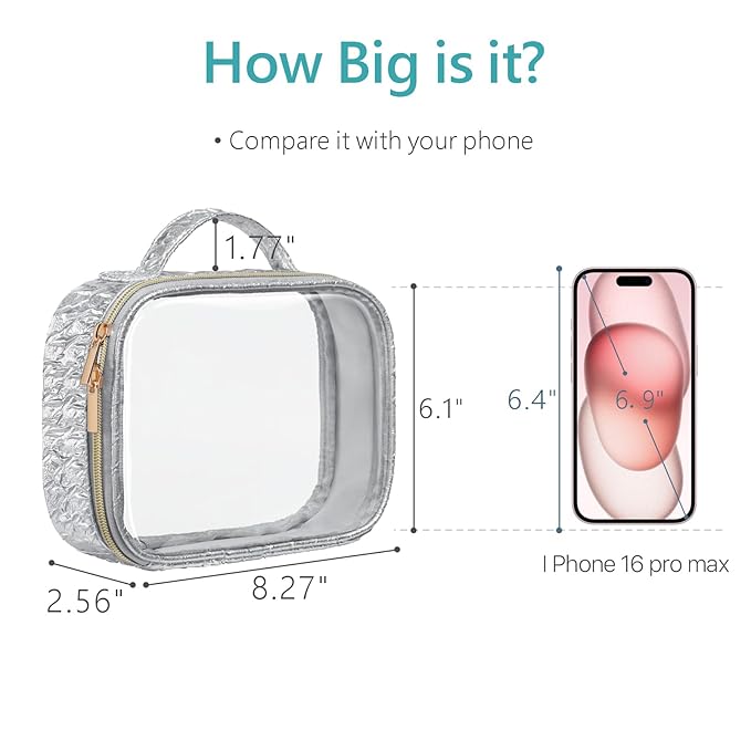 PACKISM TSA Approved Toiletry Bag - 3 Pack Ruched Textured Clear Makeup Bag, Metallic Silver, with 180° Large Opening and Supporting Frame, Perfect for Travel Essentials, Thick No Smell