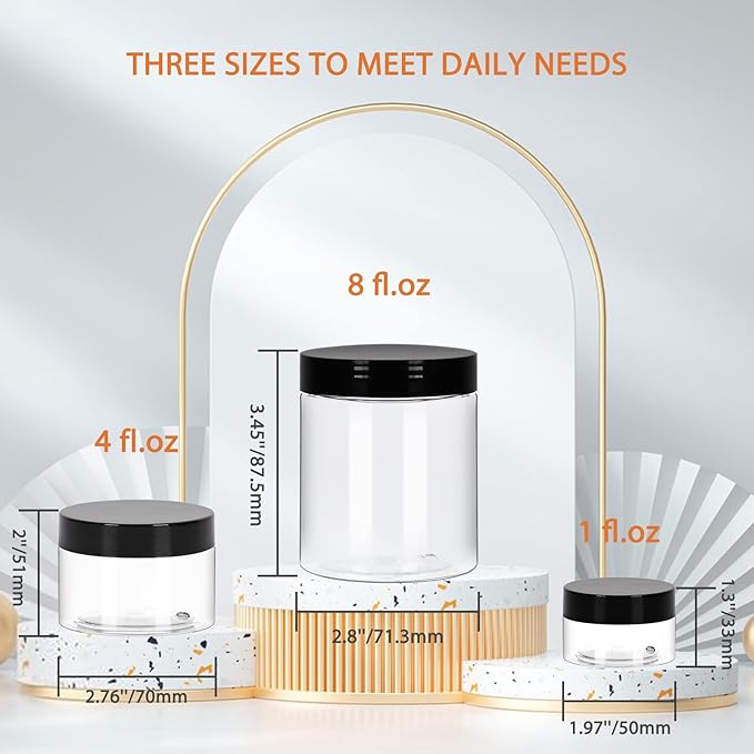 Clear 4 oz Plastic Jars with Lids & Labels - Refillable Cosmetic Small Containers with Black Screw Lid/Slime Containers (4 fl.oz, 48Pack)
