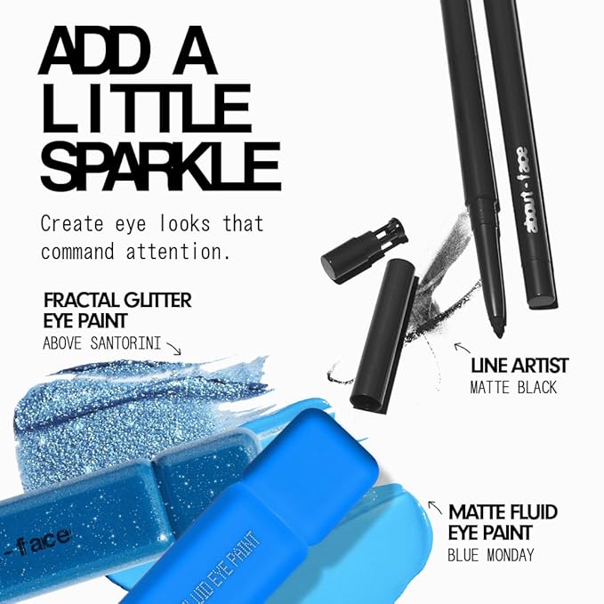 About-face Fractal Glitter Eye Paint Above Santorini – Smudge-Proof, Long-Lasting Liquid Eyeshadow – Intense Sparkle with Mousse Texture – Vegan, Cruelty-Free – 0.13oz (Sapphire)