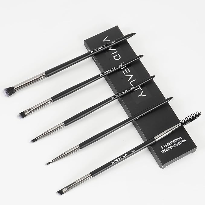 Eye Makeup Brush Set 5pcs - Blending, Concealer, Eyeshadow, Eyeliner & Dual Ended Brow Brushes, Soft Bristles and Wood Handle for Natural, Smoky and Bold Eye Looks - Small Travel Eyes Kit (Black)
