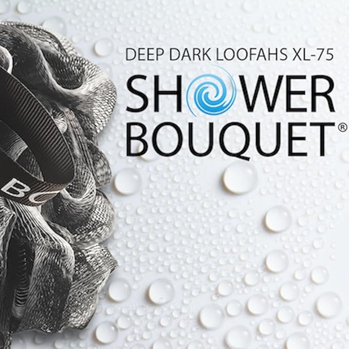 SHOWER BOUQUET Loofah-Charcoal Bath-Sponge-4-Pack // Extra-Large 75g Soft Mesh Black Loofa Lufa Loufa Luffa Puff Set/Exfoliating Body Scrubber for Women and Men - Exfoliate & Soothe Face & Body