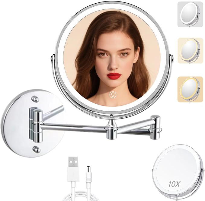 1X/10X Wall Mounted Lighted Makeup Mirror - 8" Dual-Sided Vanity Mirror with 3 Color Lights for Bathroom Bedroom Makeup Studio | 4000 mAh-USB Rechargeable | Touch Dimmable | Extended Arm 360° Rotation