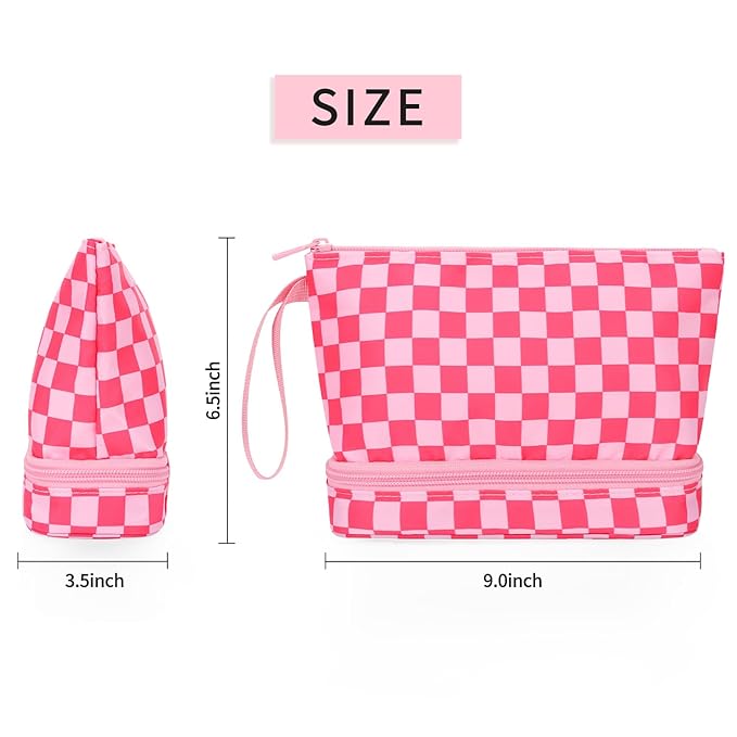 Ethereal Small Travel Makeup Bag, Checker Pink Make up Organizer Bag with Makeup Brush Holder, Portable Cosmetic Bag for Women/Girls