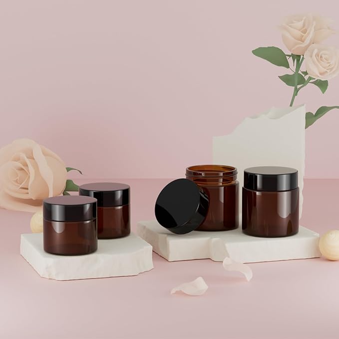 50Pcs(25×4oz + 25×2oz)Amber Glass Jars with Glossy Black & White Inner Lid Liners Airtight Small Glass Containers for Spices Candles Ointments DIY Crafts Travel Toiletries (4oz & 2oz Bundle)