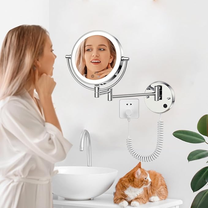 Wall Mounted Makeup Mirror with Lights, Magnifying Mirror 10X/1X Double-Sided, Plug-In Vanity Mirror with 3 Color Lights & Brightness Dimmable, 360°Swivel Extendable Mirror for Grooming & Shaving