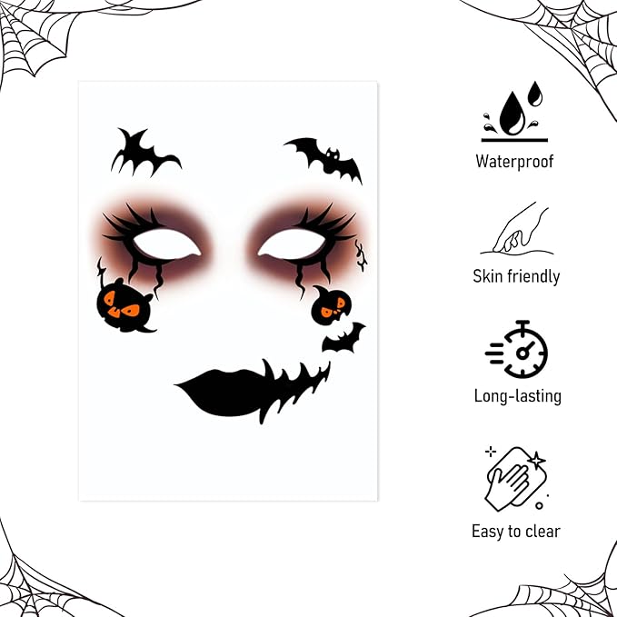 Halloween Face Tattoos, Temporary Tattoos Stickers for Adults & Kids,Temporary Makeup Tattoos,Face Tattoo Sticker Art for Halloween, Costume Parties 8Pcs