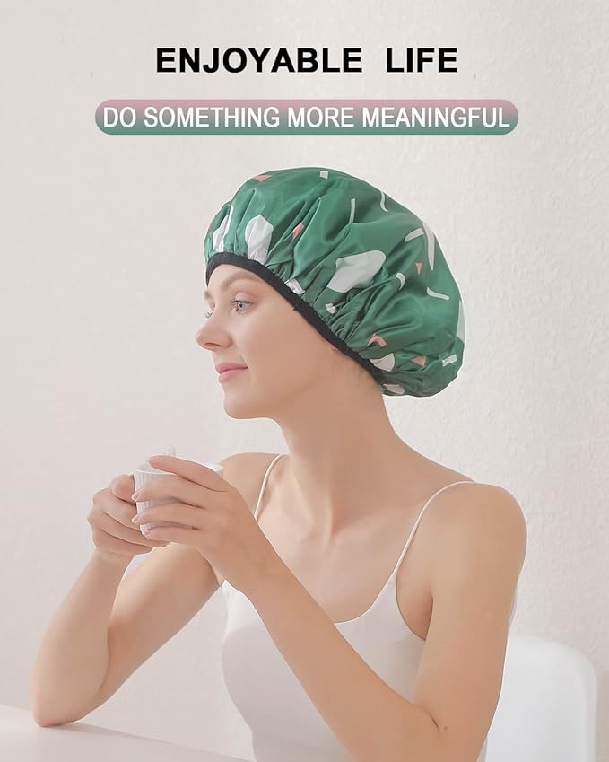 YIZIJIZI Triple Layer Reusable Waterproof Shower Cap for Women Large Terry Lined Hair Cap for Long Thick Hair Travel Bath Care Green Flowers