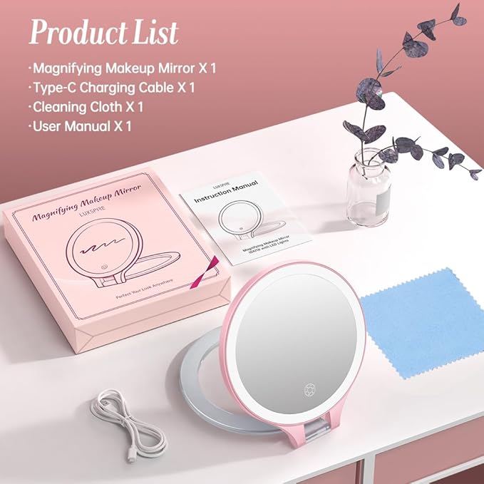 Luxspire Magnifying Mirror with Light, 10X / 1X Double Sided Makeup Mirror, Portable Travel Makeup Mirror with 3 Color Lights and Magnification, Foldable Handheld Lighted Mirror, Pink