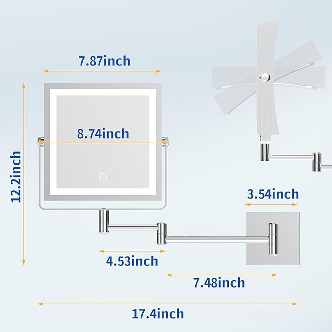 Ruacq Rechargeable Wall Mounted Makeup Mirror with Lights, Double Sided 1X/10X Magnifying Vanity Mirror with 3 Color Lighting, Touch Screen Dimmable, 360° Rotation Extension Foldable Arm(Chrome)