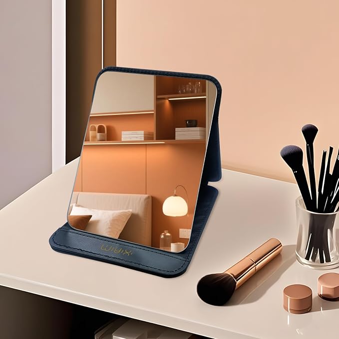 Foldable Travel Makeup Mirror, Adjustable Angle Portable Standing Vanity Mirror, Compact PU Leather Design for Home/Camping/Desktop Use,Classic Black (8.4"x6")