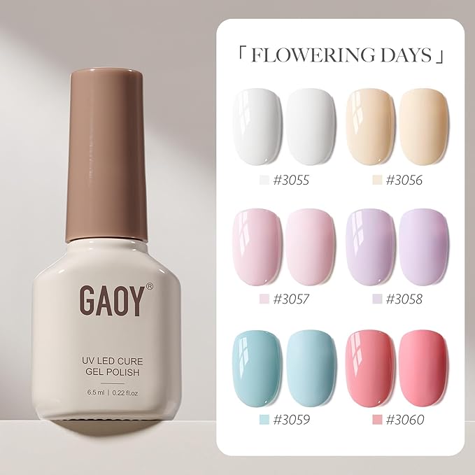 GAOY Gel Nail Polish Set including BabyBlue, Periwinkle Pastel Purple, Dusty Pink White Yellow for Manicure and Nail Art DIY at Home or Salon
