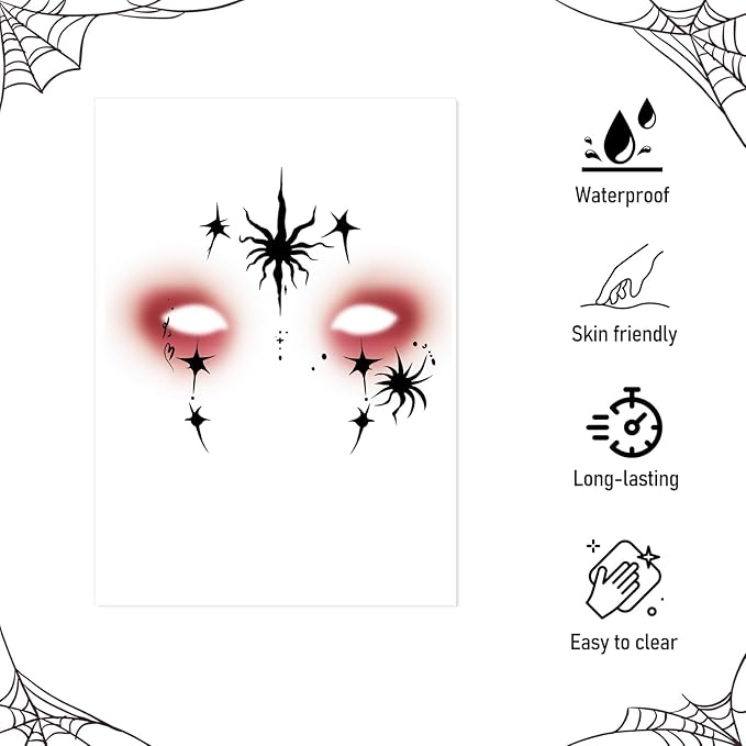 Halloween Face Tattoos, Tattoo Decals with Spider & Star Design,Temporary Makeup Tattoos Stickers, Temporary Face Tattoo Sticker Art for Halloween, Adults, Kids, Costume Parties 8Pcs
