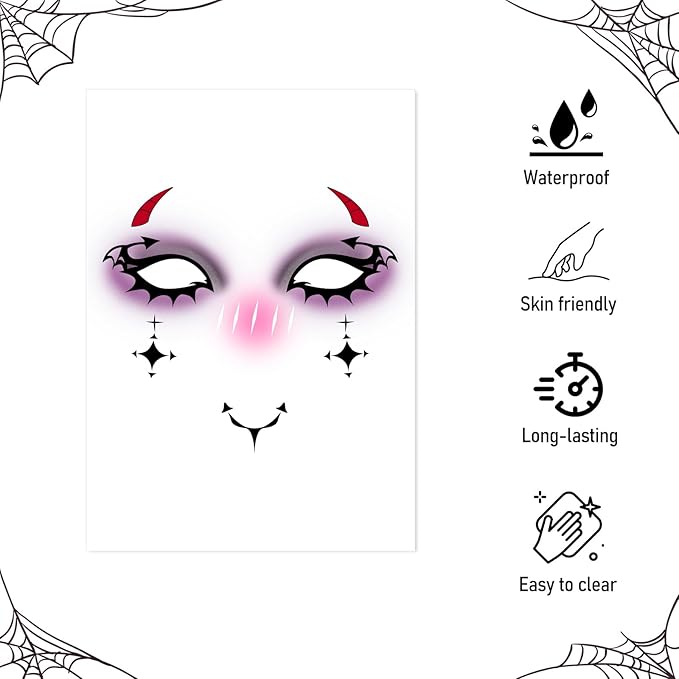 8Pcs Halloween Devil Face Tattoo, Face Temporary Tattoos Face Temporary Tattoo Sticker, Halloween Makeup Tattoo Stickers for Women, Men, Kids, Festival, Cosplay, Halloween