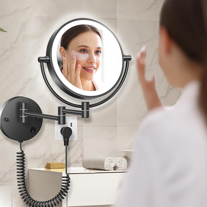 FASCINATE Upgraded Wall Mounted Makeup Mirror with Lights, Super Large Double Sided 1X/10X Magnifying Mirror for Bathroom, 360ยฐ Swivel Extendable Plug Touch Sensor Vanity Mirror