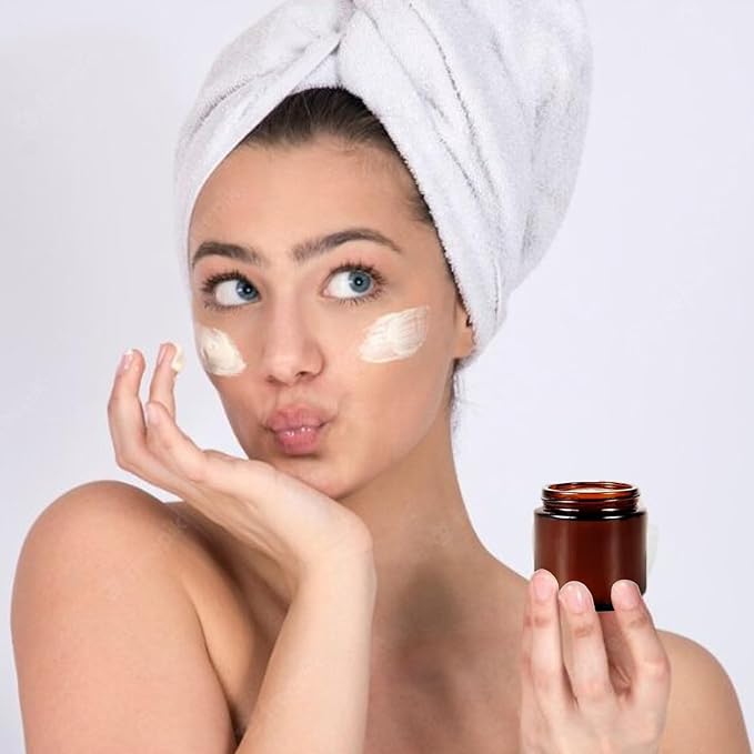 12 Pack 4 oz Round Amber Glass Cosmetic Jars with Inner Liners, Black Lids, Spatula, Chalk Labels, Pen, Candle Holder, Refillable Containers for Makeup, Cream, Sugar Scrubs, Bath Salts