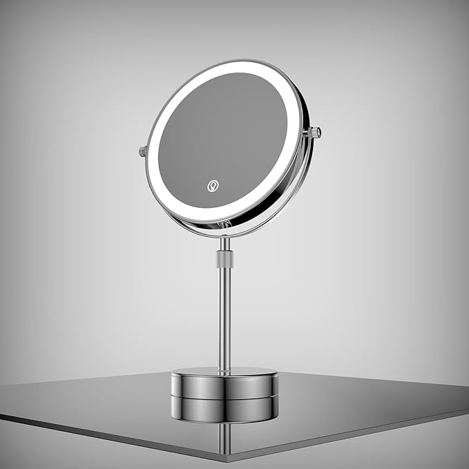 Nicesail LED Lighted Makeup Mirror Tabletop, 10X Magnifying Mirror with 3 Color Lights, Brightness Adjustable Height, Light up for Desk Make up Vanity Table, Double Sided Chrome Finish (8 Inch, 10X)
