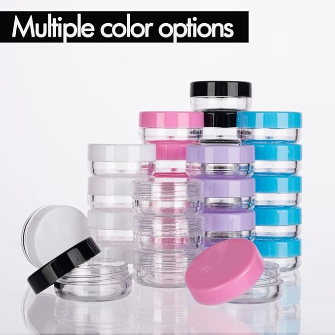 100 Mini Sample Jars with Lids - 3 Gram Capacity, Makeup Travel Containers with Labels, Includes Disposable Spatulas
