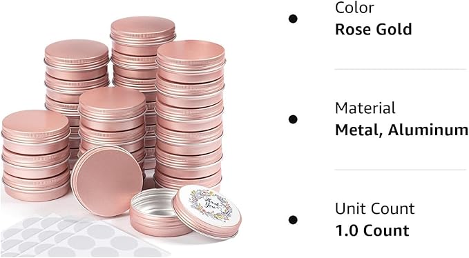 Patelai 2 oz 120 pcs Metal Round Tins Aluminum Tin Cans Salve Tins Containers with Screw Lid 20 Sheets Stickers for Salve Spice Candies Balms Candles (Rose Gold)