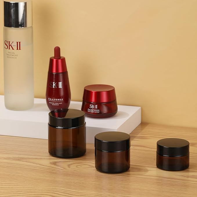 Amber Glass Jars with Lids, 4 Pack 1oz Small Glass Jars with Inner Liners, 30 ml Reusable Empty Round Cosmetic Container for Creams, Lotion, Cosmetic, Spice, Powder