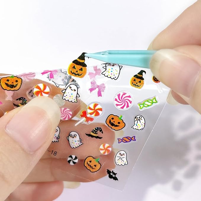 30 Sheet Halloween Nail Art Stickers Decals Cute Ghost Pumpkin Design Spider Web Scary Eyes Acrylic Nails Supplies for Women Manicure Decorations