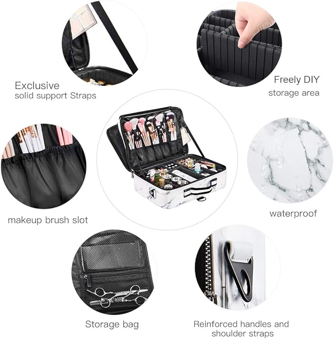 Travel Makeup Bag 3 Layers PU Leather Large Makeup Train Case Professional Cosmetic Bag Organizer Storage Artist Bag with Adjustable Strap Marble Pattern