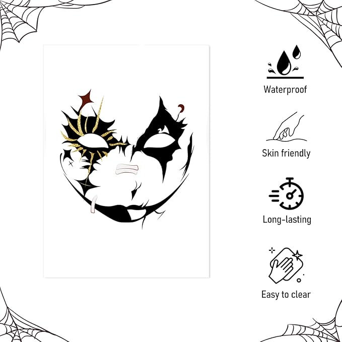 Halloween Black & Gold Glitter Face Tattoo, Face Temporary Tattoos Face Temporary Tattoo Sticker, Halloween Makeup Tattoo Stickers for Women, Men, Kids, Festival, Cosplay, Halloween 8Pcs