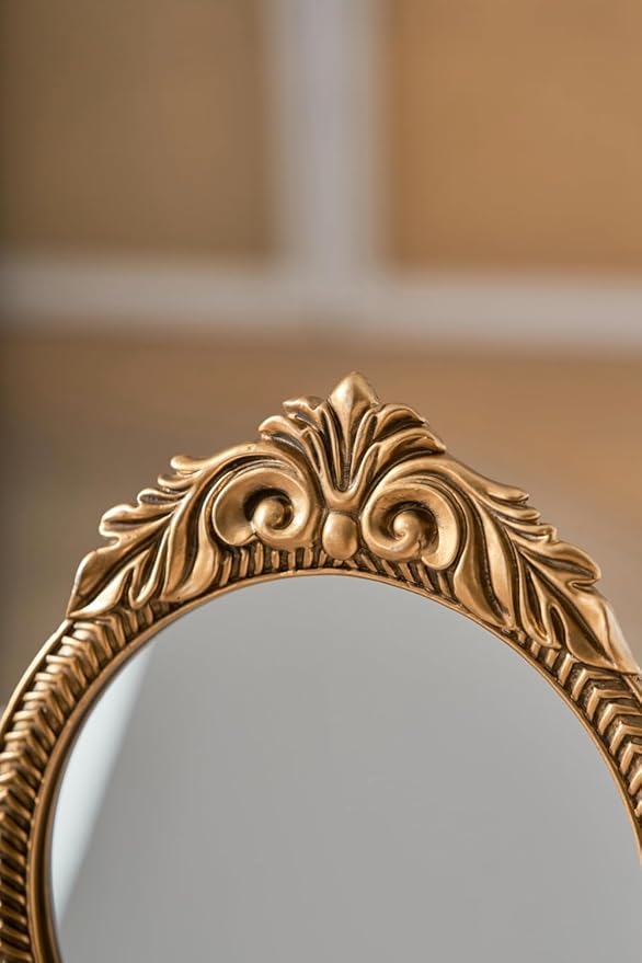 Small Round Gold Vintage Vanity Mirror – 9.5" x 12.5" Small Baroque Desktop Mirror, Antique Freestanding Dressing Table Mirror for Bedroom, Living Room, and Countertop Décor