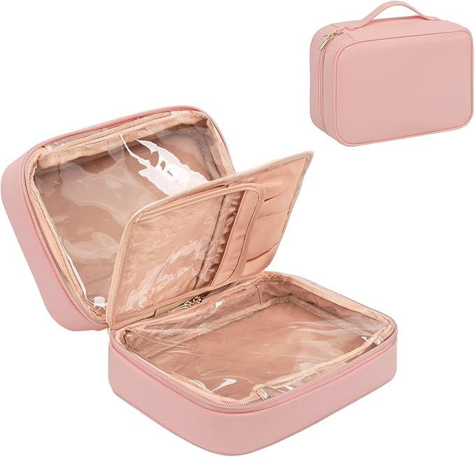 OCHEAL Makeup Bag, Makeup Travel Bag Large Capacity Cosmetic Organizer Bag with Makeup Brush Compartment & Handle for Women Girls Travel Toiletry Accessories-Pink