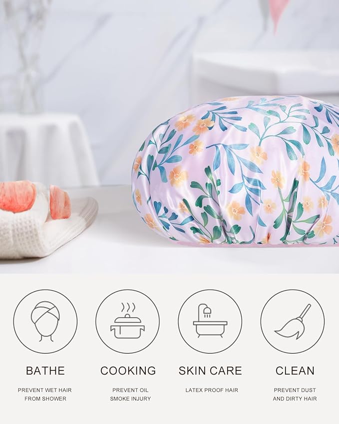 Shower Cap, Terry lined Reusable shower caps, Waterproof Large Shower Cap for Women, Hair cap Triple Layer Shower Caps for Long Thick Hair