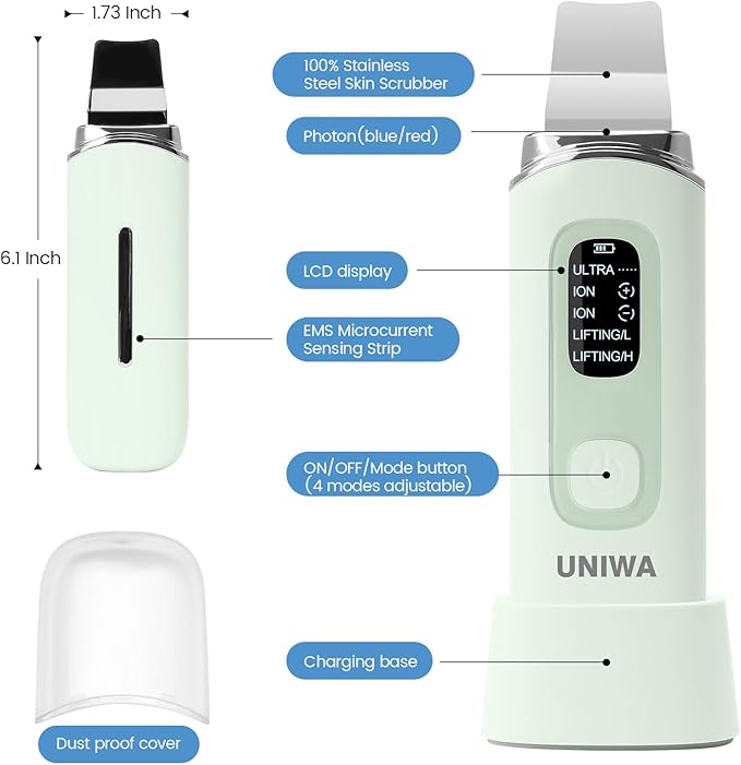 UNIWA Skin Scrubber Face Spatula, Skin Scrubber Pore Cleaner Blackhead Remover Tool for Deep Facial Cleansing - 4 Modes, Face Spatula with USB Charger, LCD Display, IPX7 Waterproof -Green