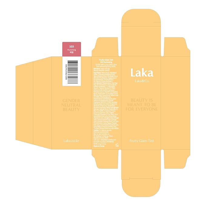 Laka Fruity Glam Tint, 4.5g/0.15 oz., Glowing Lip Stain with Wide Color Spectrum, Hydrating & Lightweight Texture, Long-Lasting Bold Stain, Non-Sticky, Vegan, K-Beauty (#103 Humming)