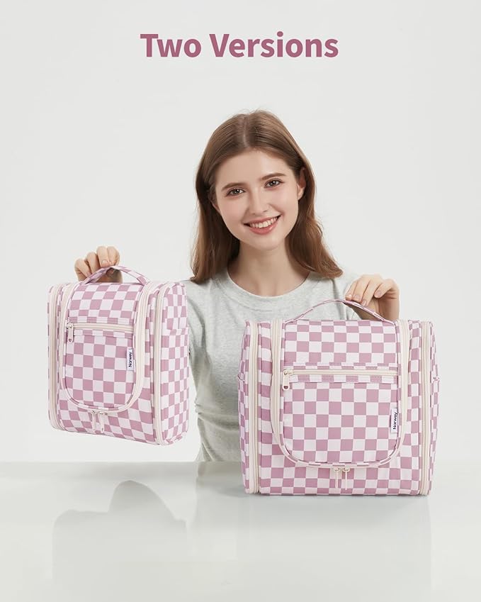 Narwey Checked Hanging Travel Toiletry Bag for Women, Travel Bag for Toiletries, Makeup Bag Organizer Cosmetic Bags Make Up Bags for Women (Dusty Rose Checkerboard)