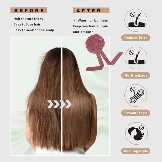 Silk Bonnet for Sleeping Women, Ajustable Hair Bonnet for Curly Hair with Tie Band Shower Caps Crimson,Large