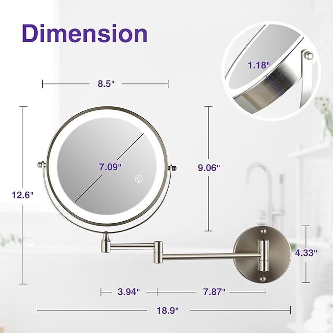 Magnifying Mirror with Lights 1x/15x: 8.5" Double Sided Wall Mounted Lighted Makeup Mirror for Bathroom, Brushed Nickel