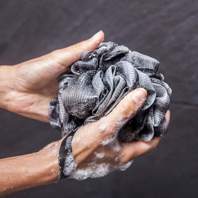 Loofah Back Scrubber for Shower | Bamboo Charcoal Fiber Infused | Loufas for Men & Women | Includes 1 Long Handled Shower Sponge, 1 Bath & Shower Luffa Pouf & 1 Hook to Hang Stuff (Slate Grey)