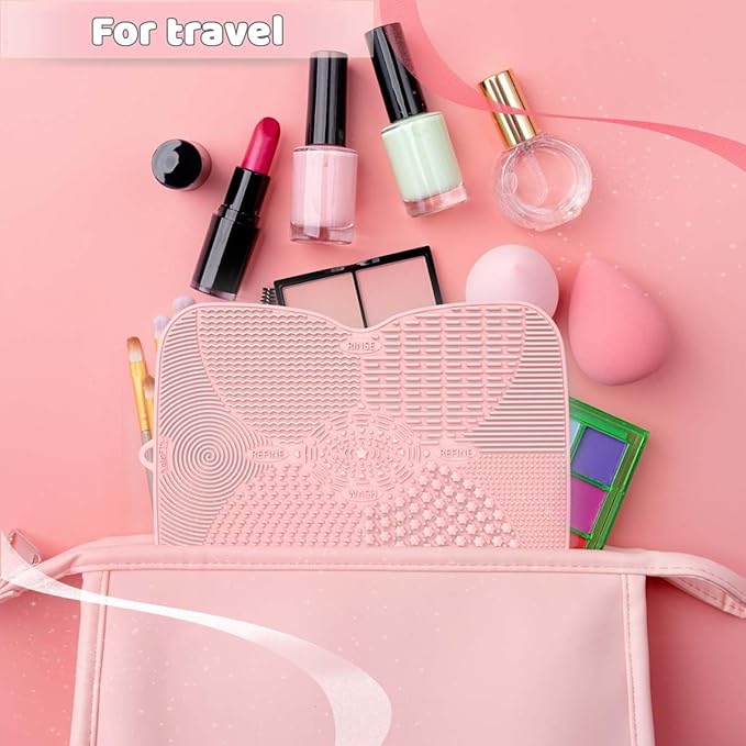 Silicone Makeup Brush Cleaner Pad with Suction Cup, 8 Textures, Stable, Makeup Brush Cleaning Mat (Pink)