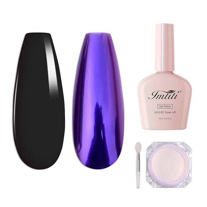 Imtiti Chrome Nail Powder with Black Gel Nail Polish Kit, 1g Dark Purple Aurora Meatllic Mirror Effect Powder and 10ML Black Gel Polish Shimmer Nail for UV Nails Art DIY Kit