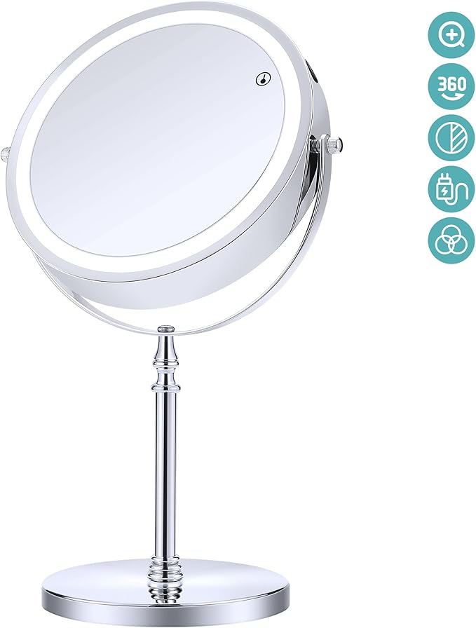 MIYADIVA Lighted Makeup Mirror, 20X Magnifying Mirror with Light, Double Sided Makeup Mirror with 20X/1X Magnification, 360°Rotation, 3 Colors Brightness Adjustable Vanity Mirror with 42 LEDs, 2000mAh